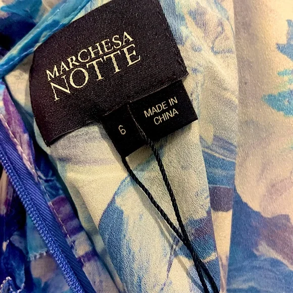 Marchesa Notte I NWT I Blue Midi Long-Sleeve Watercolor Floral Dress - Picture 4 of 6